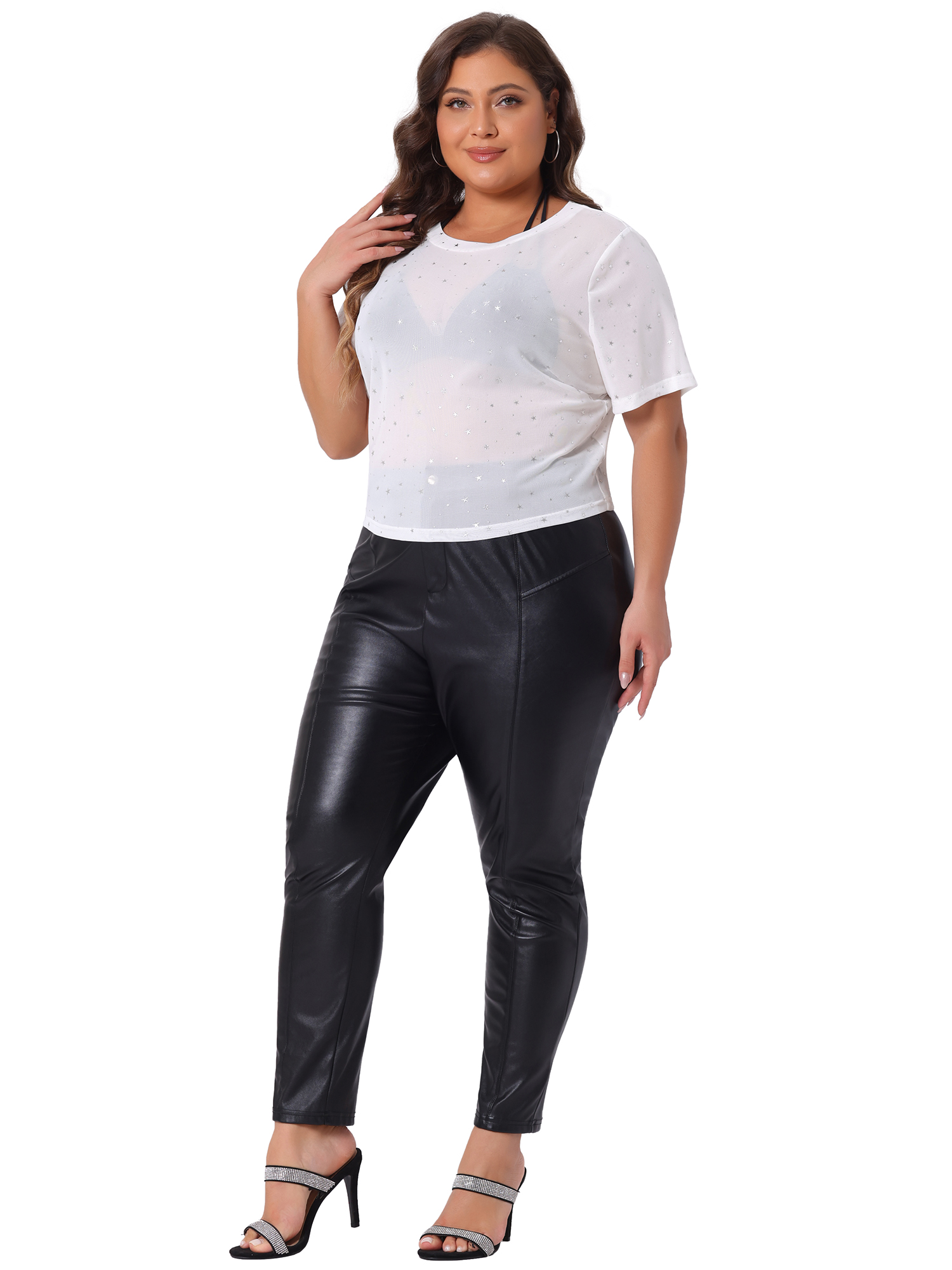 DARING DIVA Women's Plus Glitter Silver Star Sheer Crop Blouse 4X White