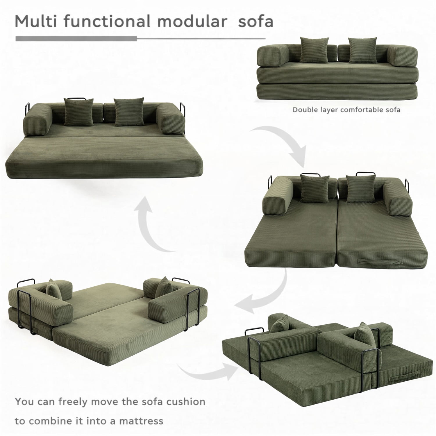 Hommoo Versatile Corduroy Fabric Full Foam Modular Compressed Sofa Couch Bed Sleeper with Multiple Layout Options, Green