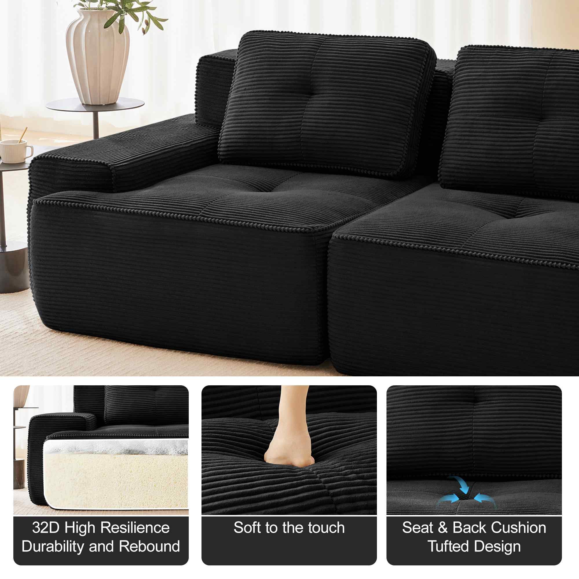 FFH 80" Corduroy Loveseat Modular Cloud Couch Sectional Sofa for Living Room (Black, 2 Seater)