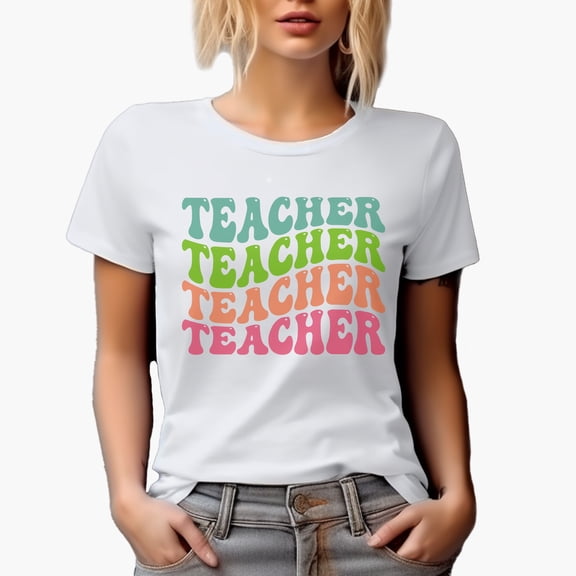 Teacher, Teaching Profession or School Themed, Groovy Retro Wavy Text Merch Gift, White T-Shirt, Small