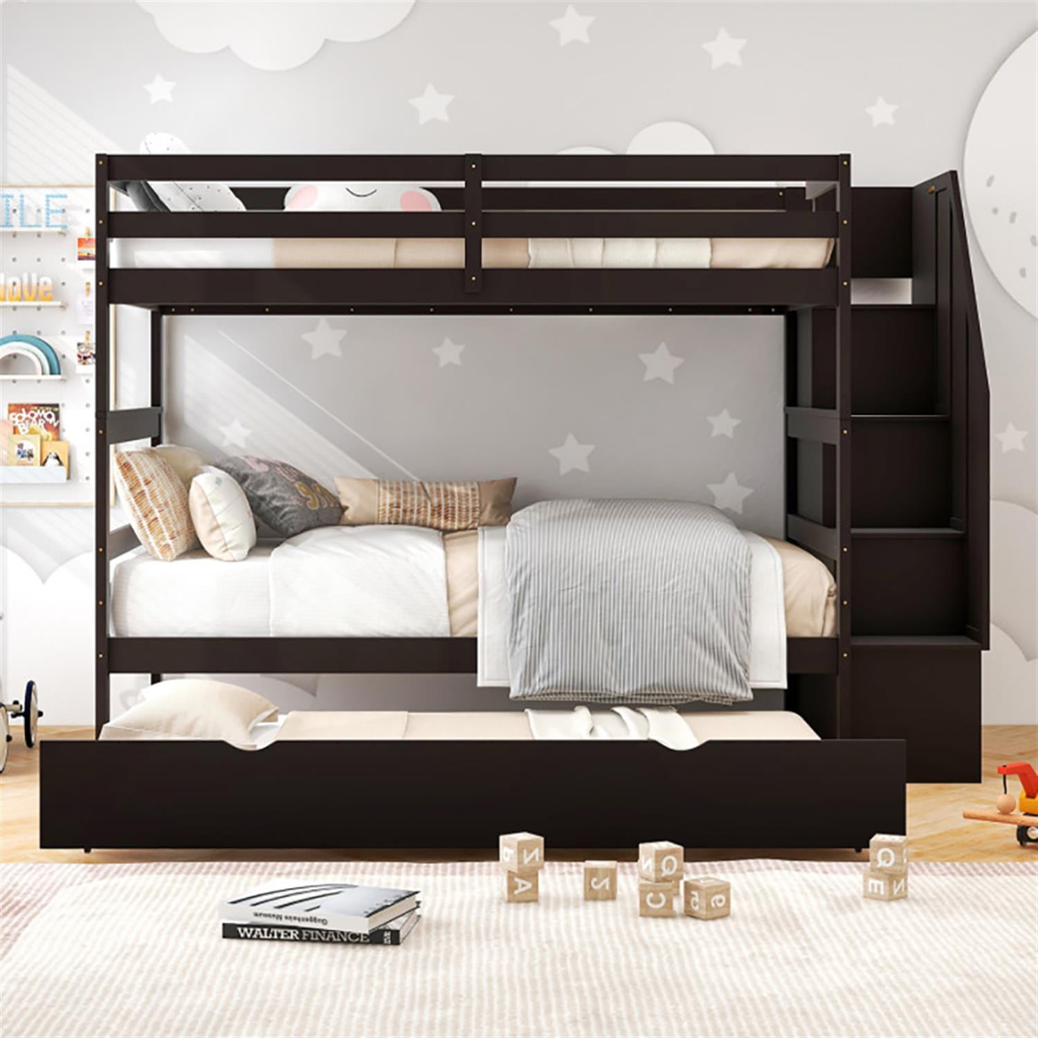 Demi Bonn Home Wood Bunk Bed with Guard Rail and 4-step Storage Stairs, Twin Bunk Beds, No Box Spring Needed, Brown