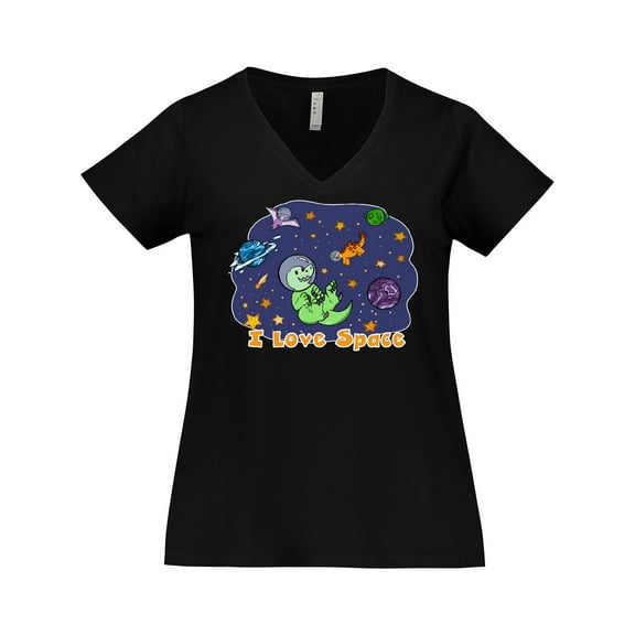 Inktastic I Love Space Cute Dinos and Planets Women's Plus Size V-Neck T-Shirt