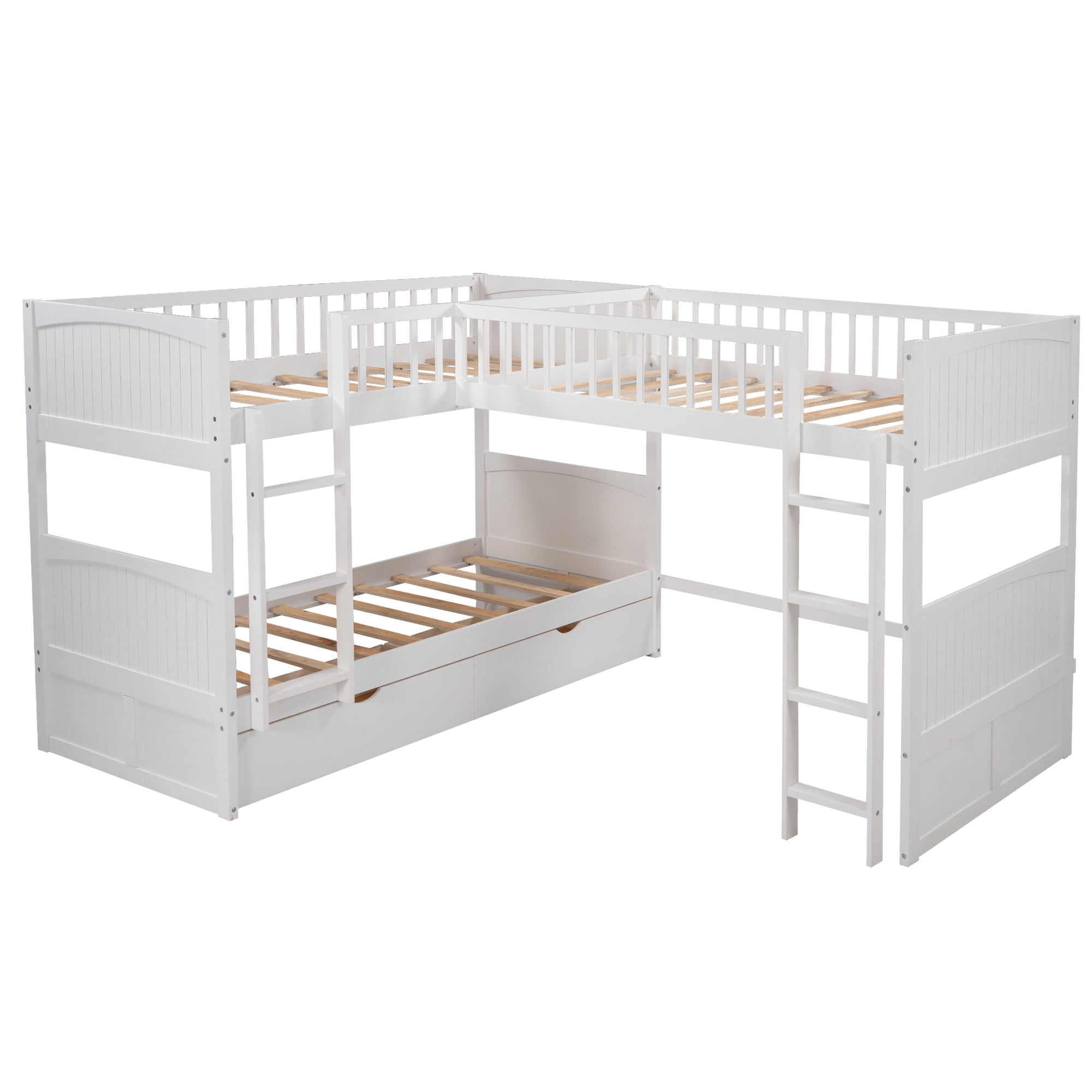 Euroco Twin Size L-Shaped Wood Triple Bunk Bed with Drawers for Kids Teens Bedroom, White