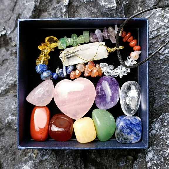 Ghojet Healing Crystals Set for Beginners Natural Chakra Stones Set with Gift Box Pendant and Bracelet Crystals and Gemstones Healing Set for Relaxation and Stress