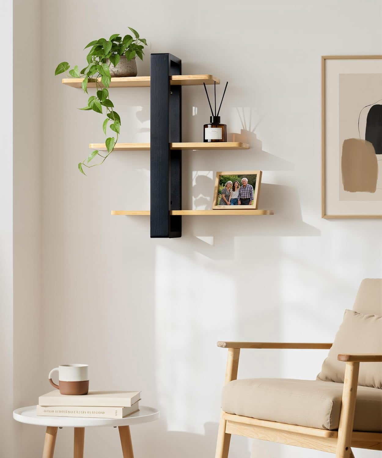 Gronda Adjustable Floating Shelves for Wall 3 Tier Wood Shelf for Bathroom, Bedroom, Living Room, Easy Install, Nature Black Decor Storage Shelf, 20in