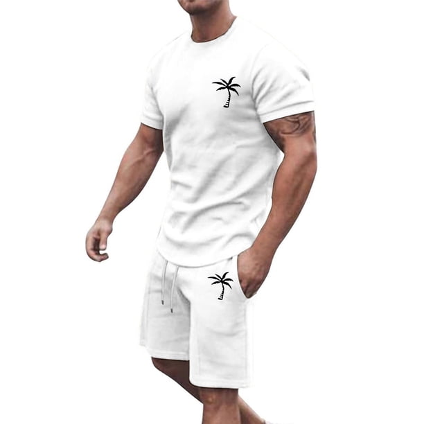Conjunto de Sudadores de Hombres Impresión Casual Deportes de Manga Corta Cuello Redondo, Traje de Deporte de 2 Piezas con Pantalones de Corredores de Cintura Elástica