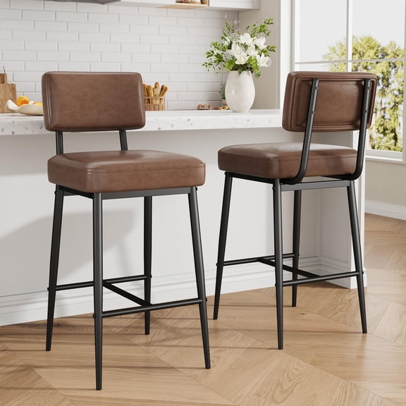 Brown Faux Leather Bar Stools Set of 2, 26 Counter Height with Back
