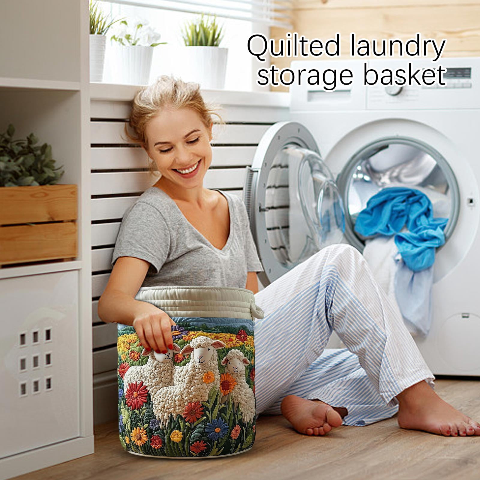 Quilted Laundry Basket Boho Fabric Floral Storage Hamper for Nursery Bedroom Laundry Room Clothes Toys(14" x 18")