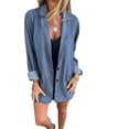 thumbnail image 3 of Camisa Vaquera con Botones para Mujer, Larga, Solapa, Informal, Holgada, Vaquera Azul Lavado S, 3 of 7