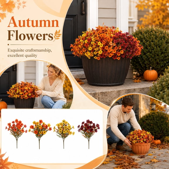 Artificial Fall Flowers, Uv Resistant Orange Artificial Flowers for Halloween Outdoor Porch Yard Decor, 14 Inch Fall Faux Flowers for Holiday Seasonal Arrangement