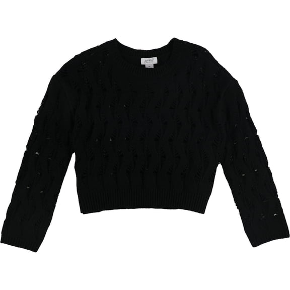 JUST POLLY Womens Destructed Crewneck Knit Sweater, Black, Juniors, X-Large