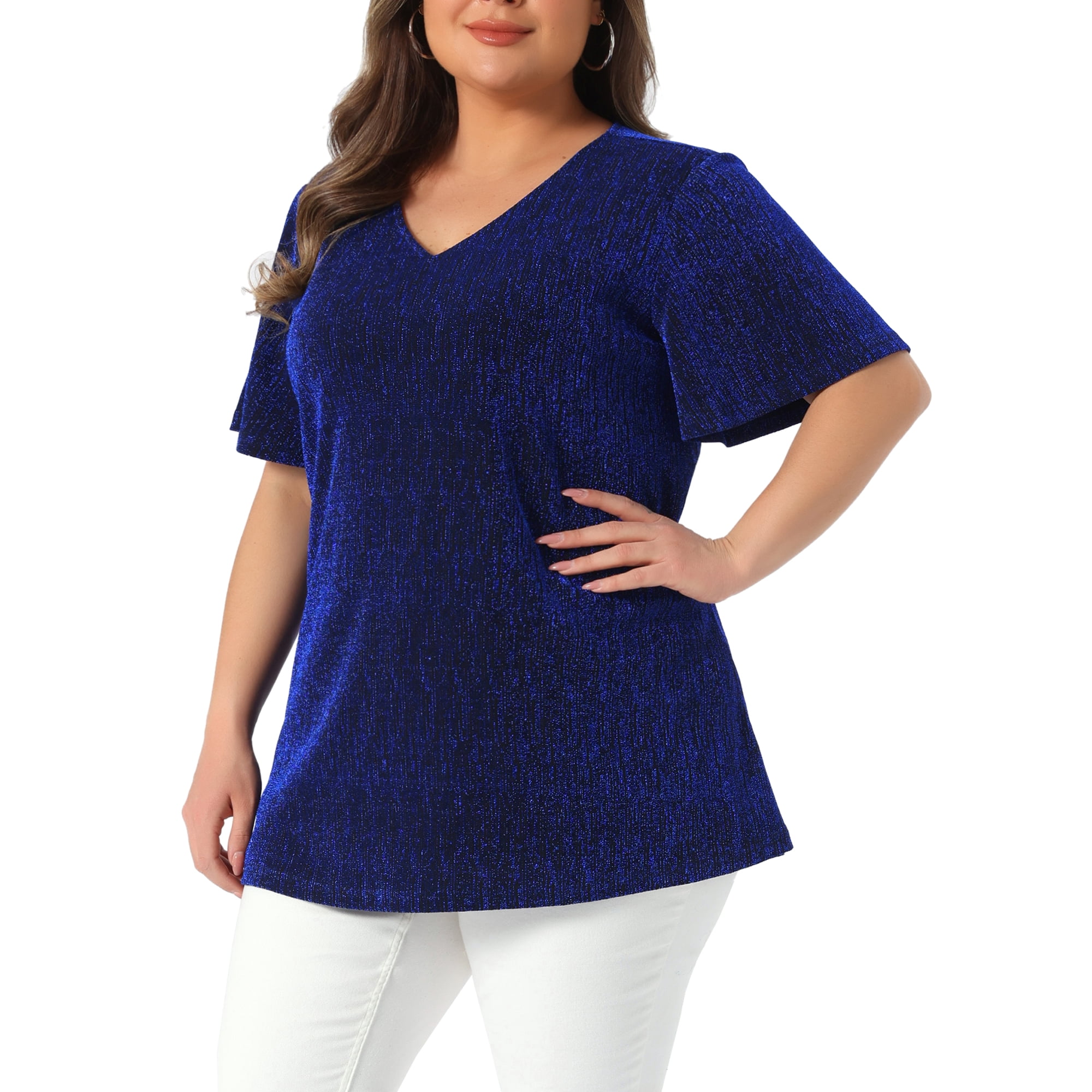 Women's Plus Metallic Tops V Neck Short Sleeve T-Shirt Party Top Glitter Blouses 2X Royal Blue