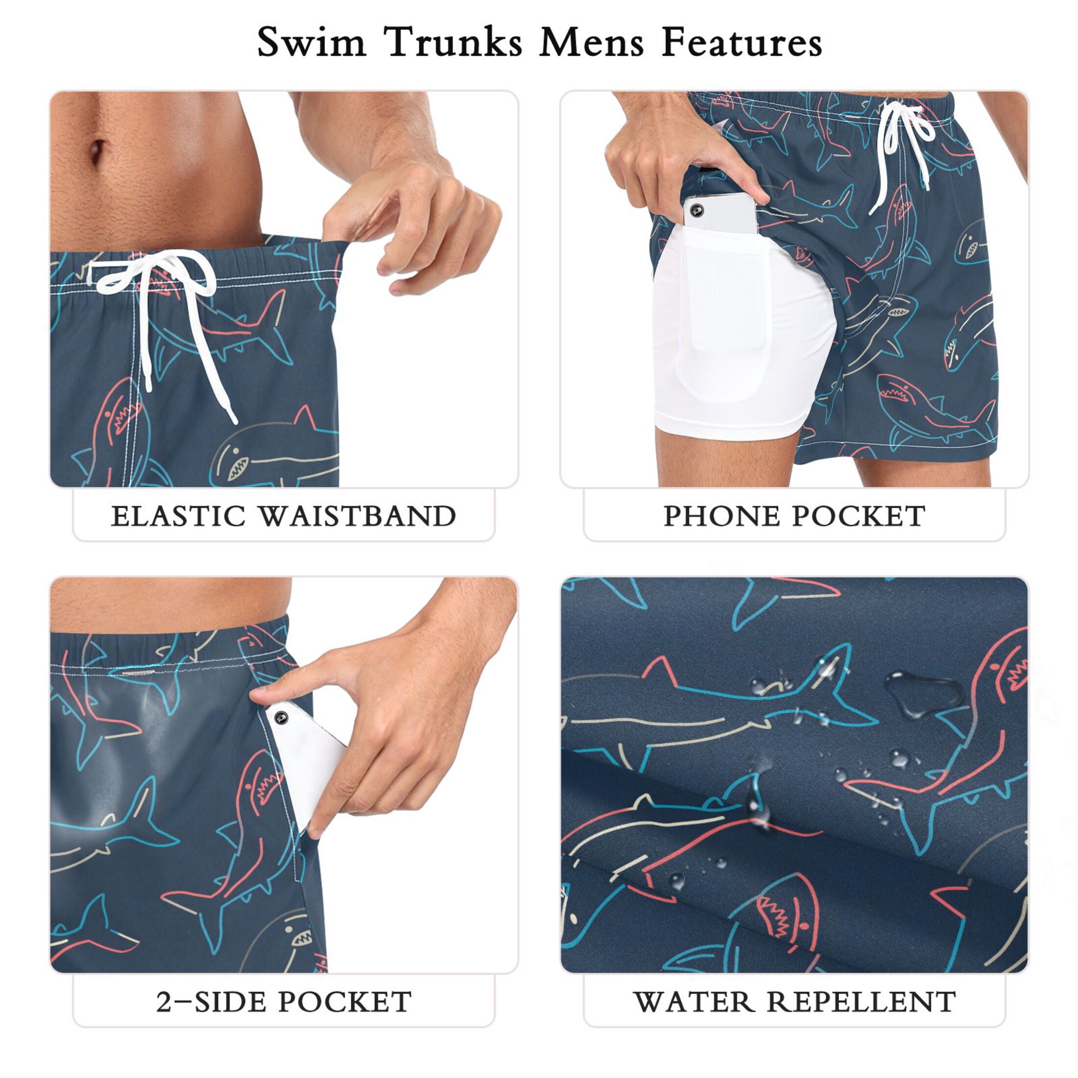 joogoo Men's Sharks-a1 Swim Trunks with Liner Pocket Beach Shorts M