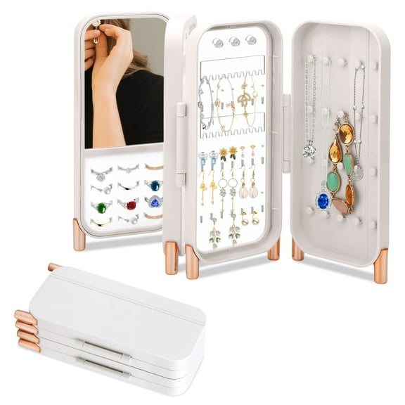EEEkit Foldable Jewelry Storage Box with Mirror, 4-Sided Clear Earring and Necklace Holder Stand for Women
