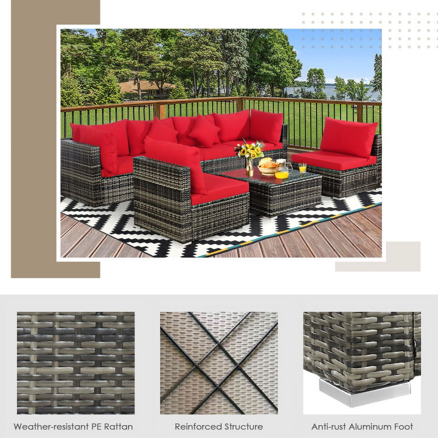 Aimee Lii 7 Pieces Patio Rattan Furniture Set Sectional Sofa Garden Cushion, Outdoor Deck Furniture, Red Aimee Lii 7 Pieces Patio Rattan Furniture Set Sectional Sofa Garden Cushion, Outdoor Deck Furniture, Red