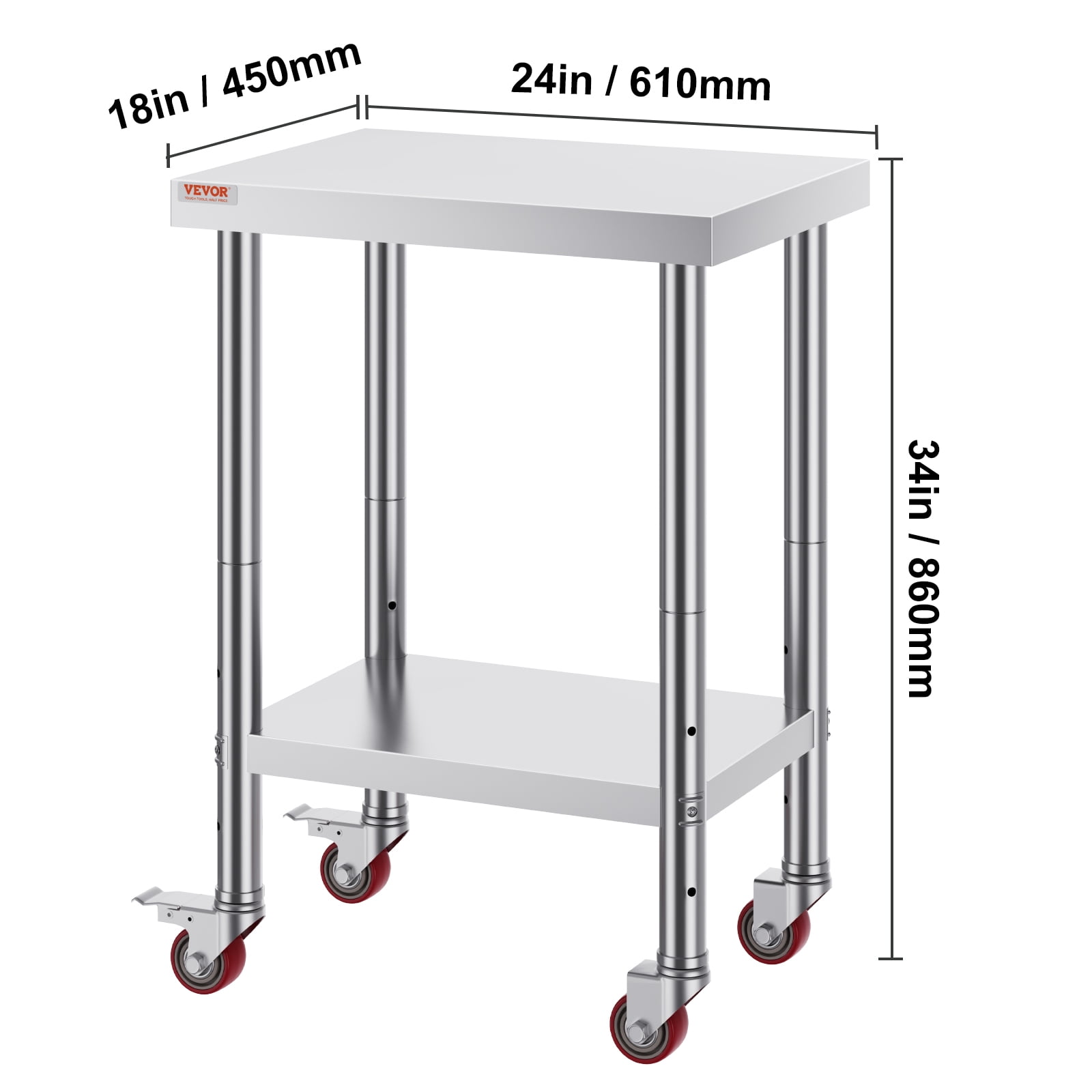 VEVOR Stainless Steel Work Table 24 x 18 x 34 Inch, 700 LBS Load Capacity with 4 Wheels, 3 Adjustable Height Levels, Heavy Duty Food Prep Worktable for Commercial Kitchen Restaurant, Silver