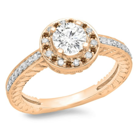 1.00 Carat (ctw) 10K Rose Gold Round Cut Champagne & White Diamond Ladies Bridal Vintage Halo Style Engagement Ring 1 CT