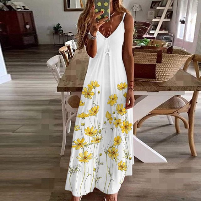 ICHUANYI Clearance Women's Summer Fashion Printed V-Neck Sleeveless Suspenders Pullover Dress(Yellow, XL) ICHUANYI WER2023080815735