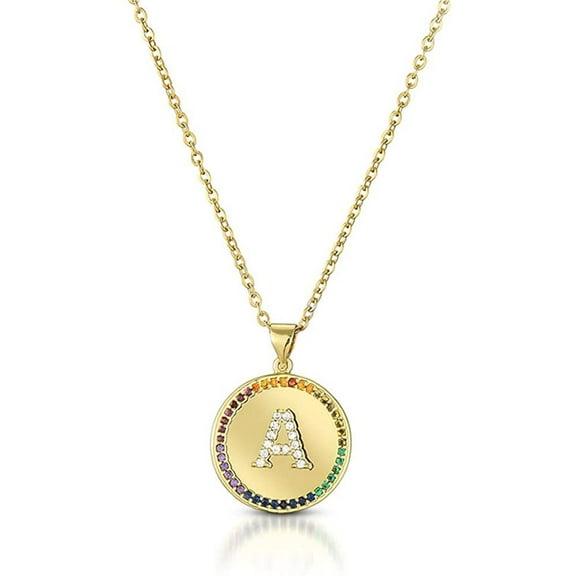 Yellow Gold Plated Initial Disc A - Z Rainbow Cubic Zirconia Letter Pendant Mens Womens Necklace, Giorgio Bergamo Gold, A