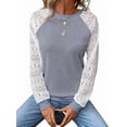 thumbnail image 2 of Women'S Solid Color Lace Trim Long Sleeve T-Shirt Round Neck See Through Casual Elegant Top Light Gray XL, 2 of 9