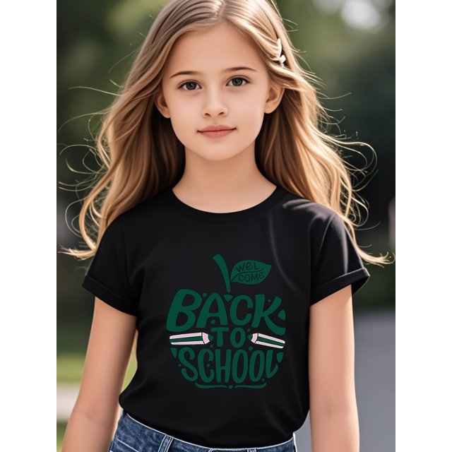 Girls' "Back to School" Graphic Tee - Comfortable Cotton, Casual Style, Short Sleeve, Round Neck, Summer T-Shirt with Green Leaf Design, everyday Tshirt | Playful Design | Cotton Tshirt