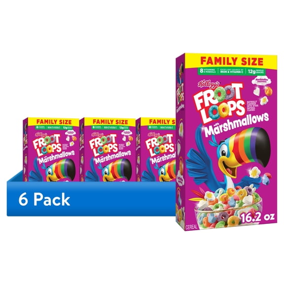 (6 pack) Kellogg's Froot Loops with Marshmallows Breakfast Cereal, 12g Whole Grains, Family Size, 16.2 oz
