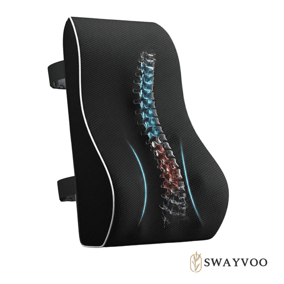 Swayvoo Back Support Pillow for Office Chair & Car Seat — High-Density Memory Foam Back Cushion for Lower Back Pain Relief, Ergonomic Design, Adjustable Strap, Black