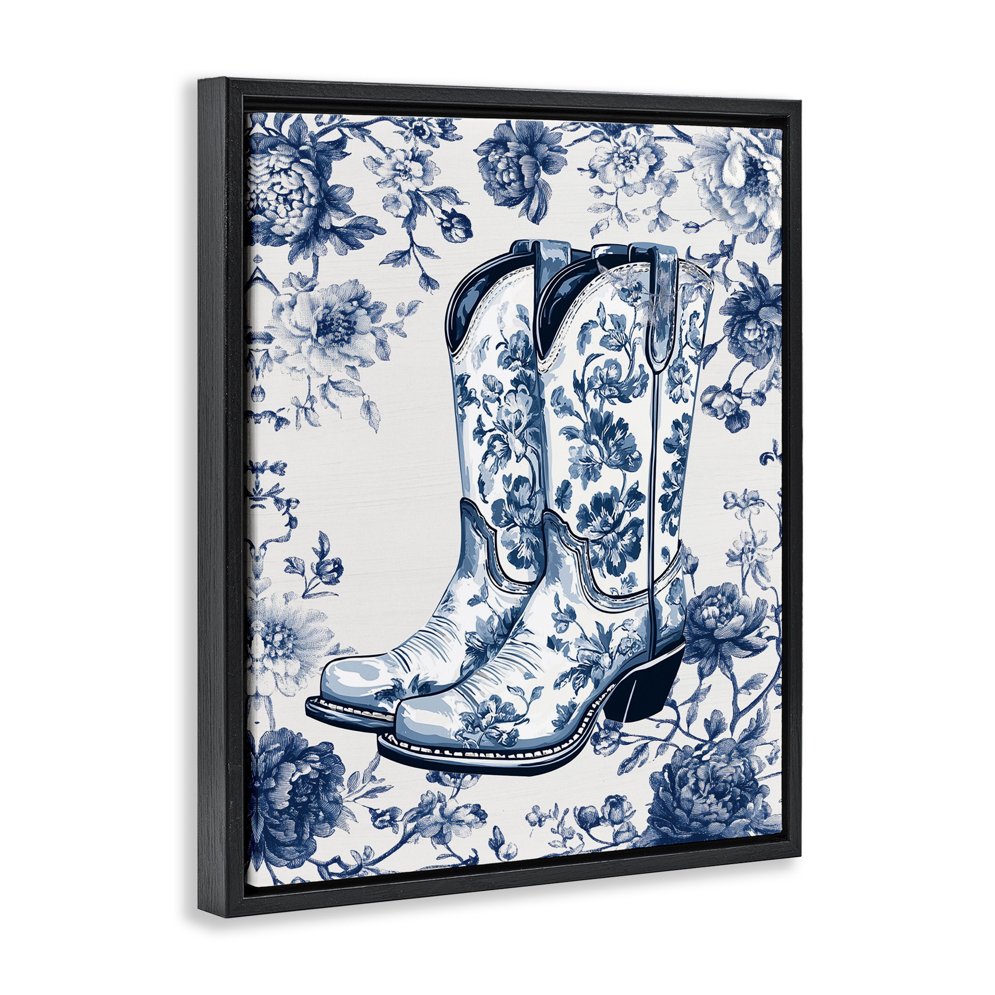 Blue Spring Florals & Boots Black Framed Floater Canvas Wall Art, design by Lettered and Lined