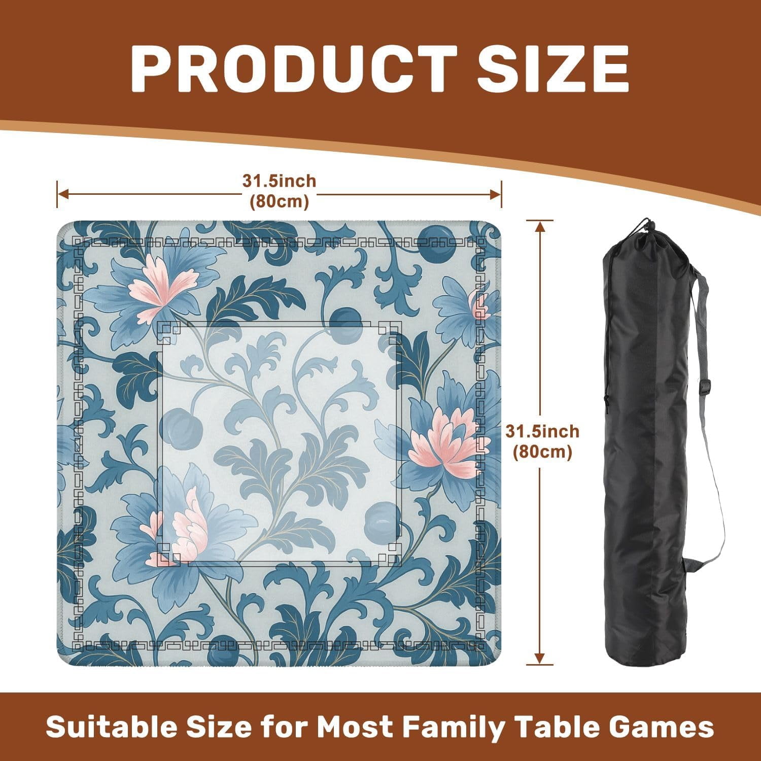 Mahjong Mat 31.5" x 31.5" Floral Flower Seamless Flourish Ornamental Garden Non-Slip Noise Reduction Mahjong Tiles Table Cover for Dominoes Poker Card Board and Tile Games