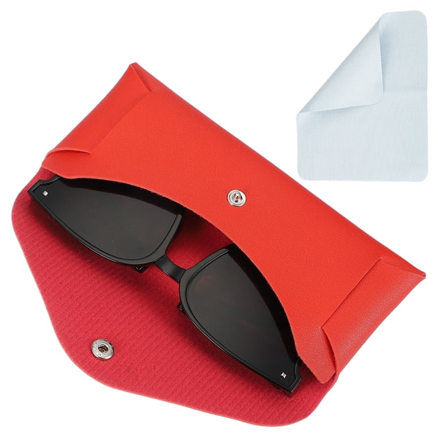 Funda de gafas de cuero con botón y paño de limpieza para hombres y mujeres, estuches para gafas de sol (Rojo)