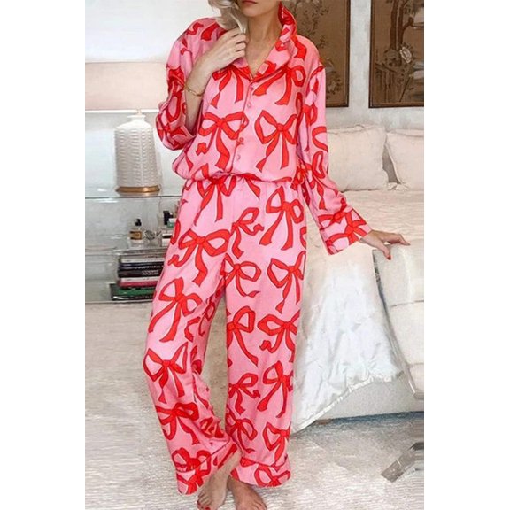 2pcs Bow Print Shirt Style Long Sleeve Pajama Set