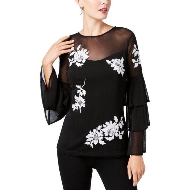 INC Blusa de punto bordada para mujer, negra, mediana I-N-C Tejer