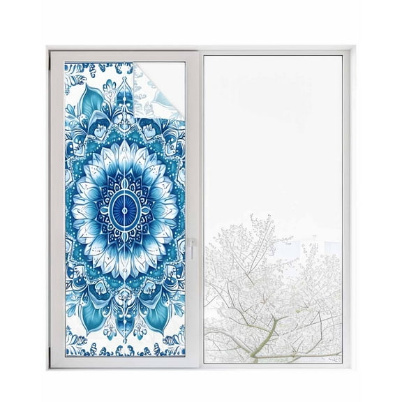 Window Privacy Film White Blue Boho Stained Glass Window Film Decorative Sun Block Window Cover Modern Floral Abstract Art Ethnic Tribal Window Clings Static Adhesive Sticker for Bathroom 29.5"x78.7"