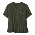 thumbnail image 2 of Craaazy Women's Plus Size Versatile Solid Color Cotton Linen V-Neck Short Sleeve T-shirts with Ruffle Trim for Daily Wear, 2 of 7