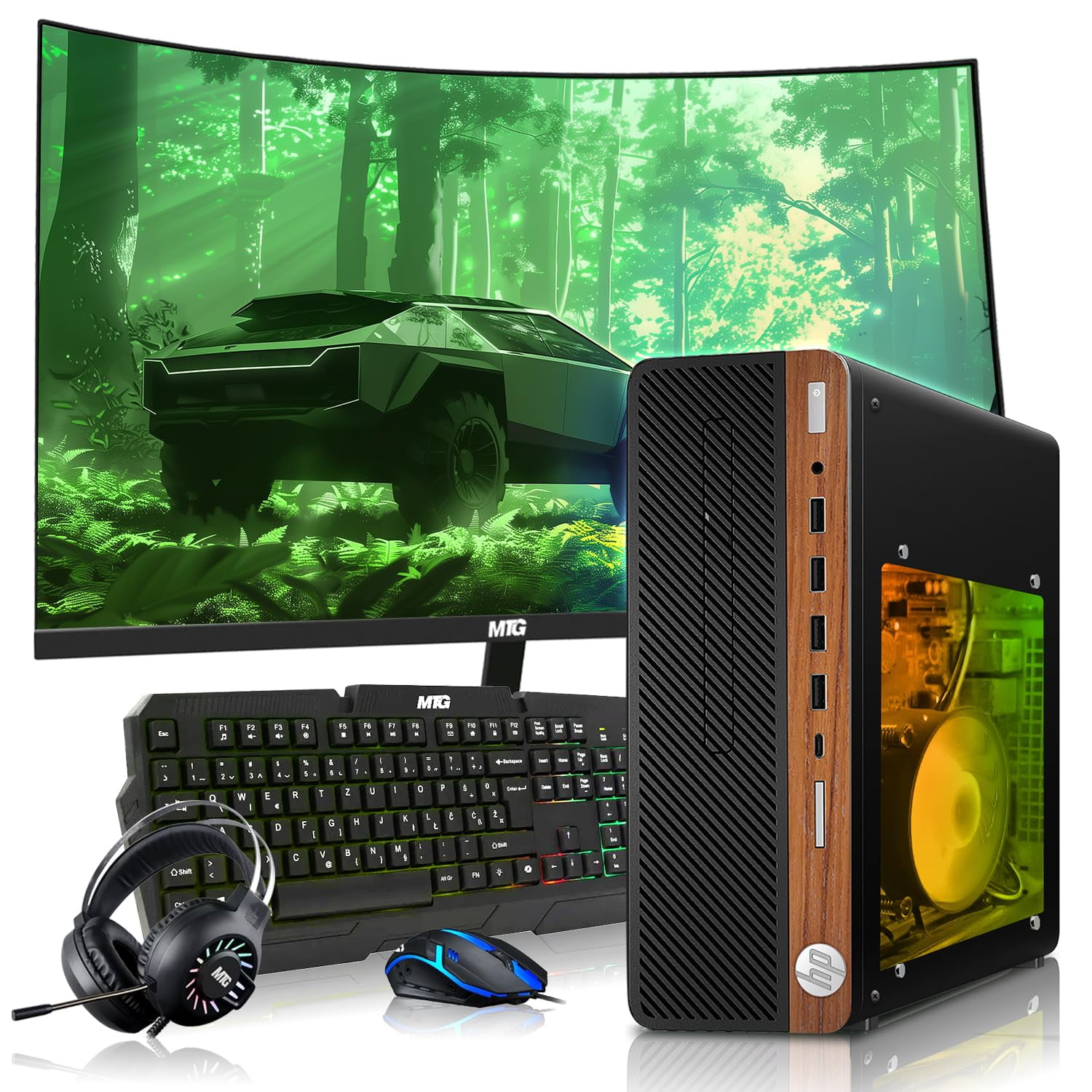 Restored HP Half Dark Gaming PC Desktop Computer – AMD Pro A10-9700,RX 550 Graphics,16GB RAM,1TB SSD,32 Inch Curved Monitor,RGB Keyboard with AI Copilot,Mouse,WiFi,RGB Headphone,Windows 11