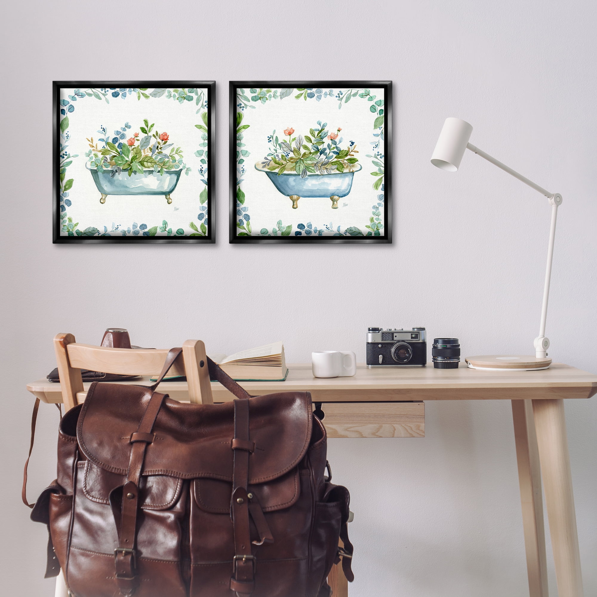 Stupell Industries Charming Flower Filled Tub Bath & Laundry Painting Black Floater Framed Canvas Art Print Wall Art, 18 x 18, Set of 2