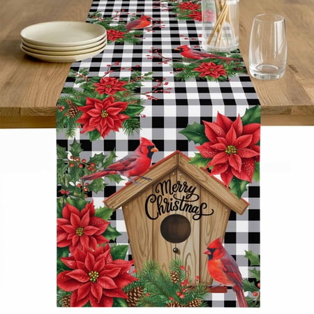 Christmas Table Runner 70 Inches Long Farmhouse Dress Scarves Red Cardinal Bird Poinsettia Pine Needles Plaid Dining Tablerunner for Coffee Table/Kitchen Island/Party D&eacute;cor 13 x 70