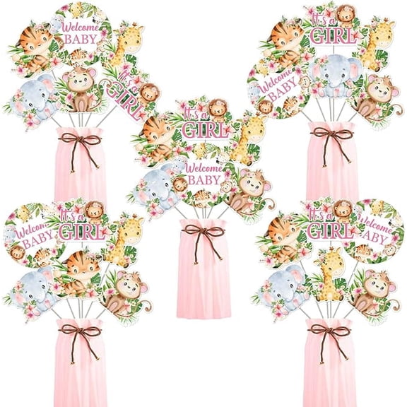 24 Pieces Jungle Animal Centerpiece Sticks for Girls, Pink Safari Theme Table Toppers Baby Shower Decorations, Wild Animal Party Supplies