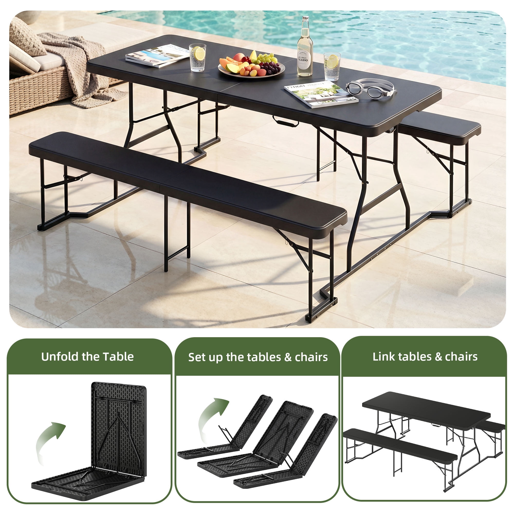 Uforic 6 Ft Folding Picnic Table with Attached Benches, Portable Heavy Duty Outdoor Table with Center Lock & Non-Slip Feet, Black