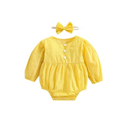 

Canrulo Newborn Baby Girls 2 Pcs Casual Outfits Long Sleeve Romper Jumpsuit + Headband Clothes Yellow 3-6 Months