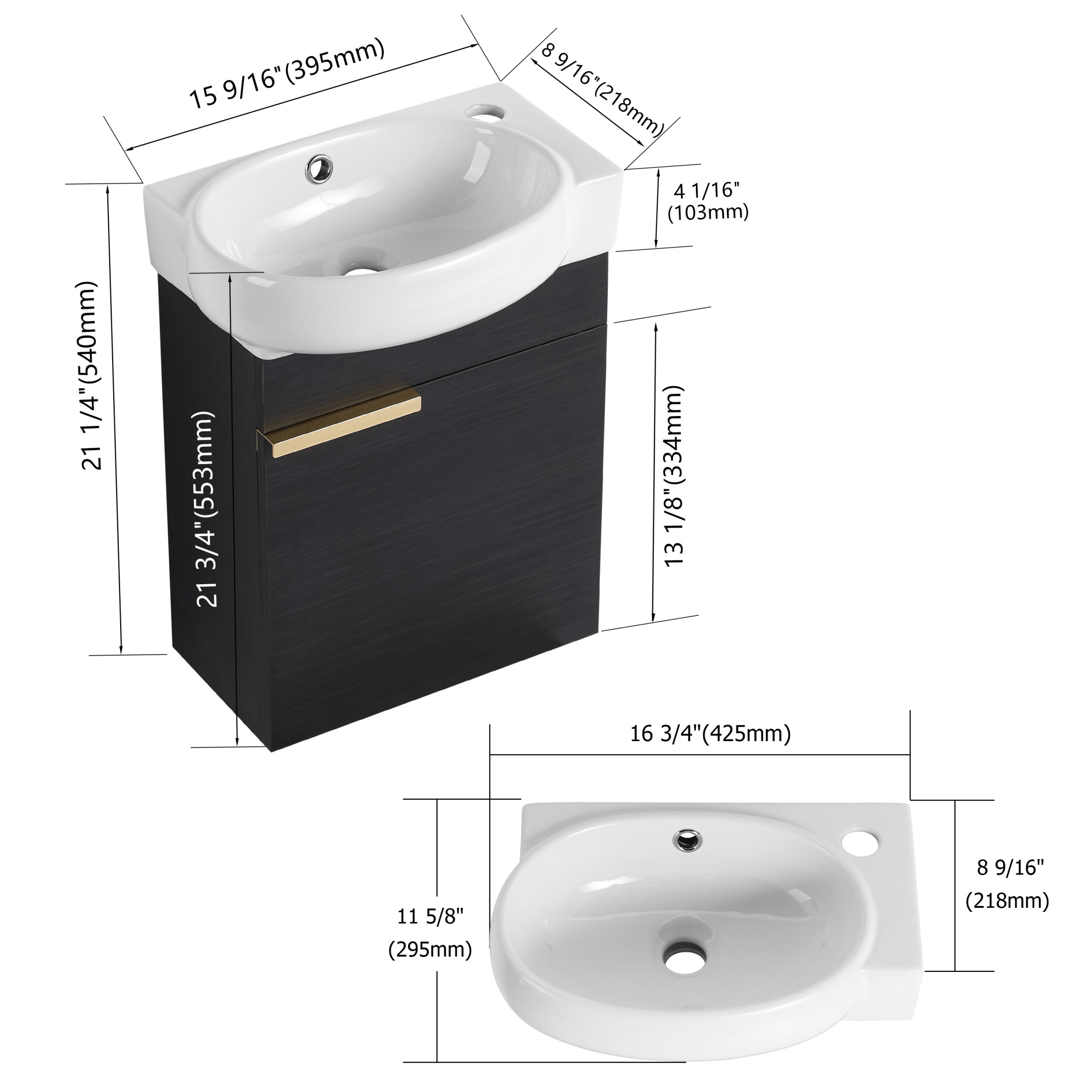 Noble House 16" Bathroom Vanity with Sink, Soft Close Doors, Space-Saving Modern Vanity Cabinet for Small Bathroom, Black Chestnut