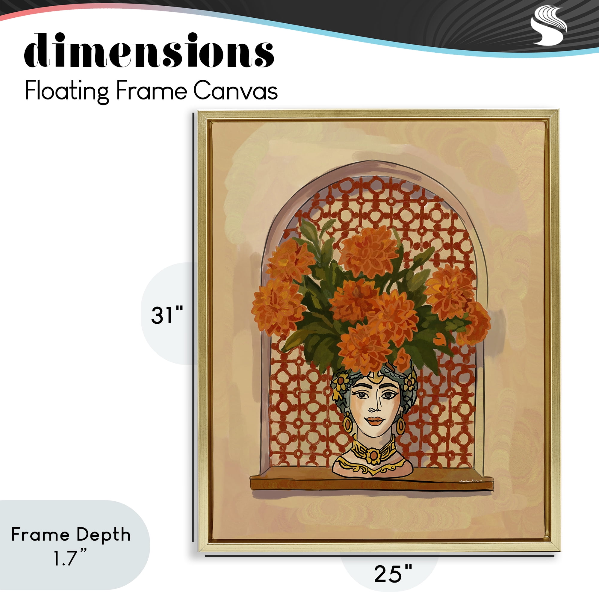 Stupell Industries Ornate Flower Head Vase Gold Framed Floater Canvas Wall Art, design by Amelia Noyes
