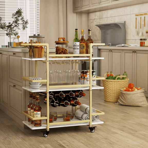 WHIFEA 3-Tier Metal Bar Cart, 3-Tier with Wine Rack&Glass Storage, Lockable Wheels, Marble Top, 35''x32''x15'' for Home Party, Gold