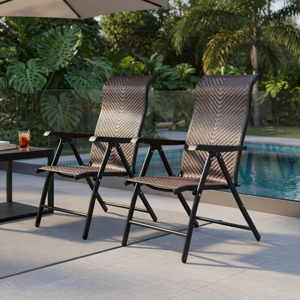 Hommoo 2-Pack Foldable Outdoor Rattan Reclining Patio Chairs, Adjustable Backrest, Weather-Resistant PE Wicker & Heavy-Duty Steel Frame for Backyard, Poolside & Garden, Brown