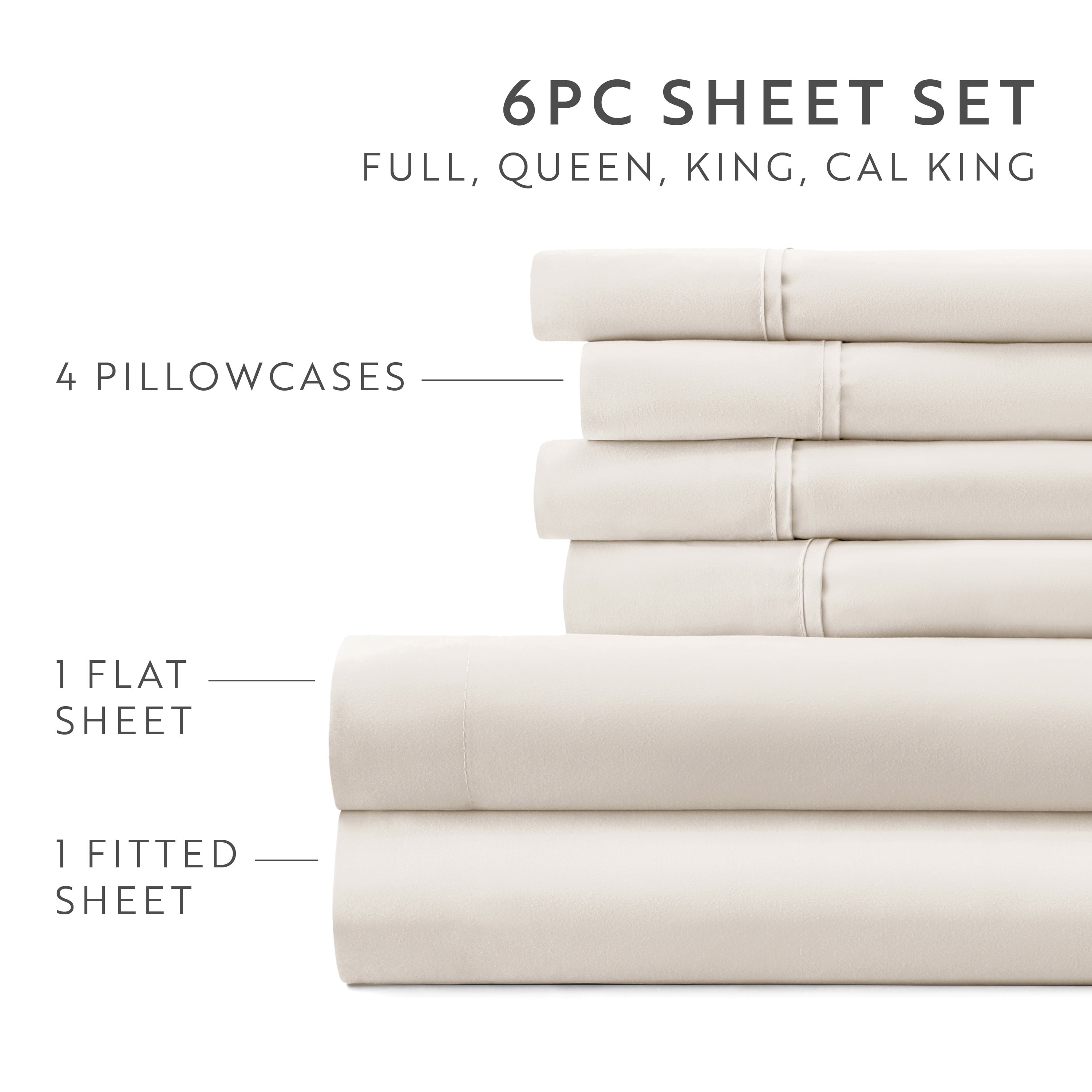 California King, Ivory Solid Microfiber 6 Piece Bed Sheet Set, by Noble Linens