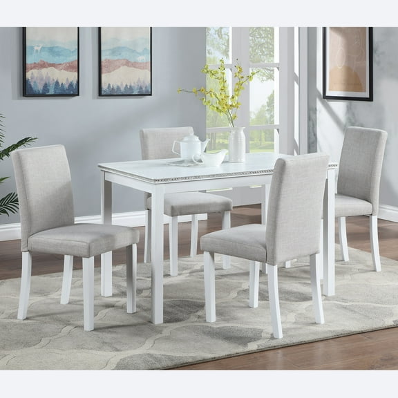 5-Piece Wooden Dining Set, Rectangular Table with 4 Upholstered Chairs, Crystal Decoration, White, for Kitchen, Dining Room