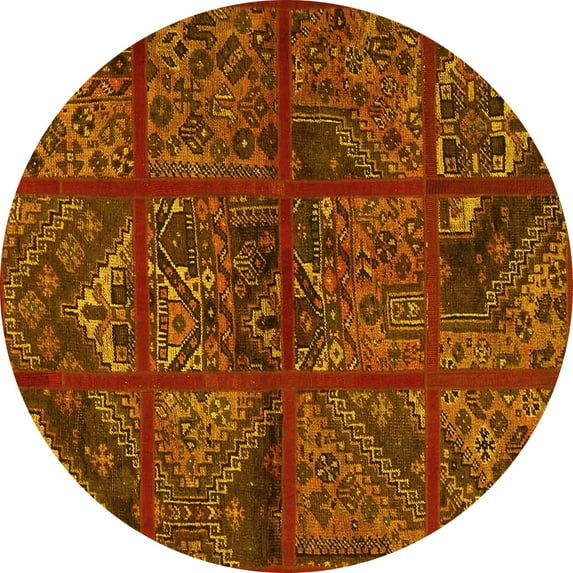 Ahgly Company Machine Washable Indoor Round Patchwork Yellow Transitional Area Rugs, 7' Round