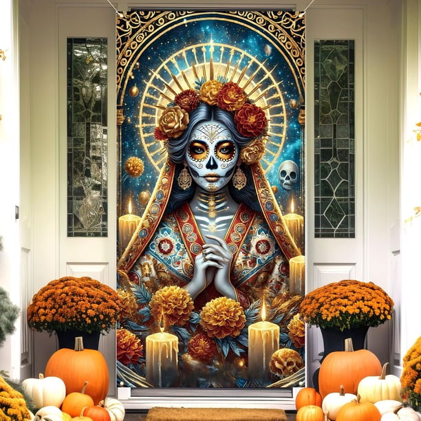 Cubrepuertas para Halloween y Día de Muertos - 89 X 180 Cm (35 X 71 Pulgadas) | Decoración para Puertas de Halloween y Día de Muertos | Tela de Poliéster Resistente | Fácil Instalación | Apto para Pu