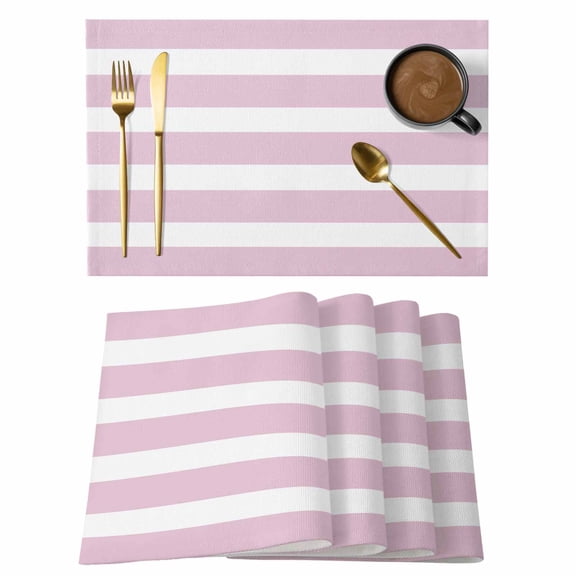 Pink Stripe Placemats Set of 8, Modern Simple Geometric White Striped Placemats for Dining Table, Place Mats for Kitchen Tabletop, Waterproof Wipeable Dining Table Mats Set
