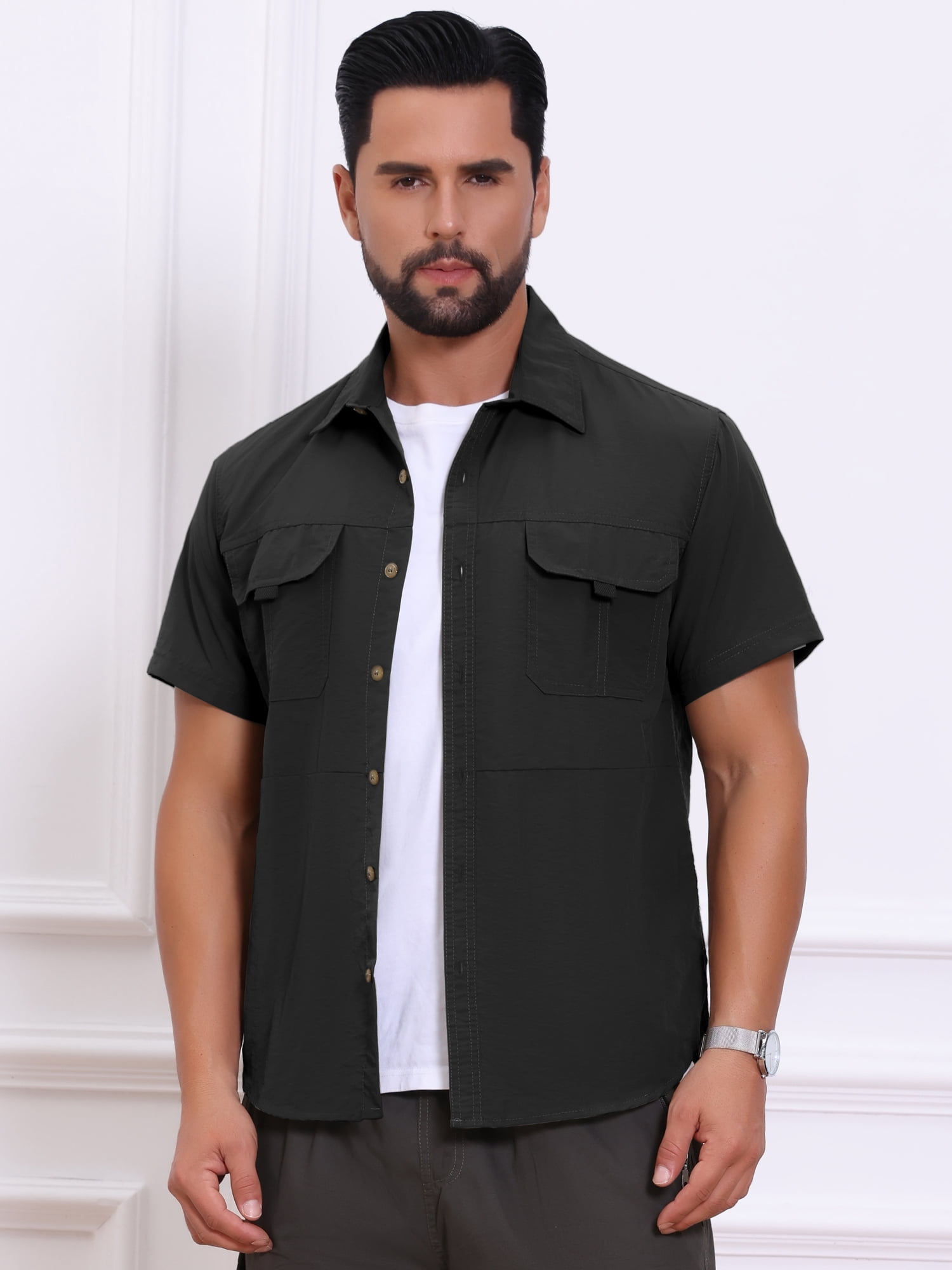 DARING DIVA Men's Solid Cargo Short Sleeve Button Down Utility Shirts XL Black